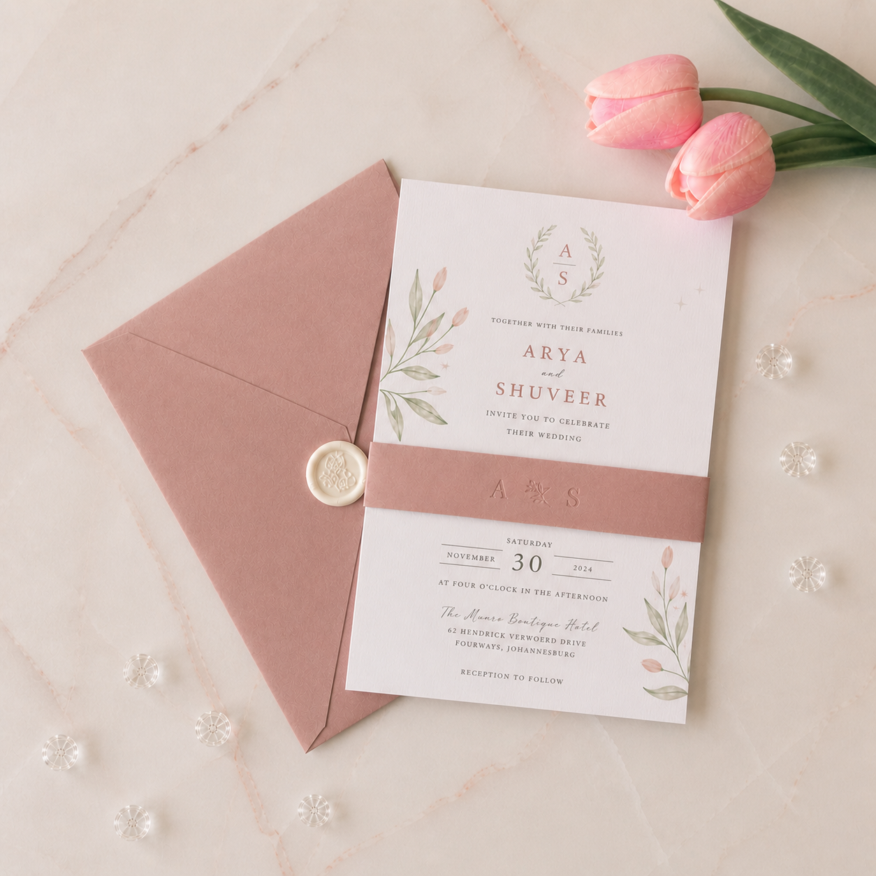 Classic invitation suite with coloured envelope (set of 10)