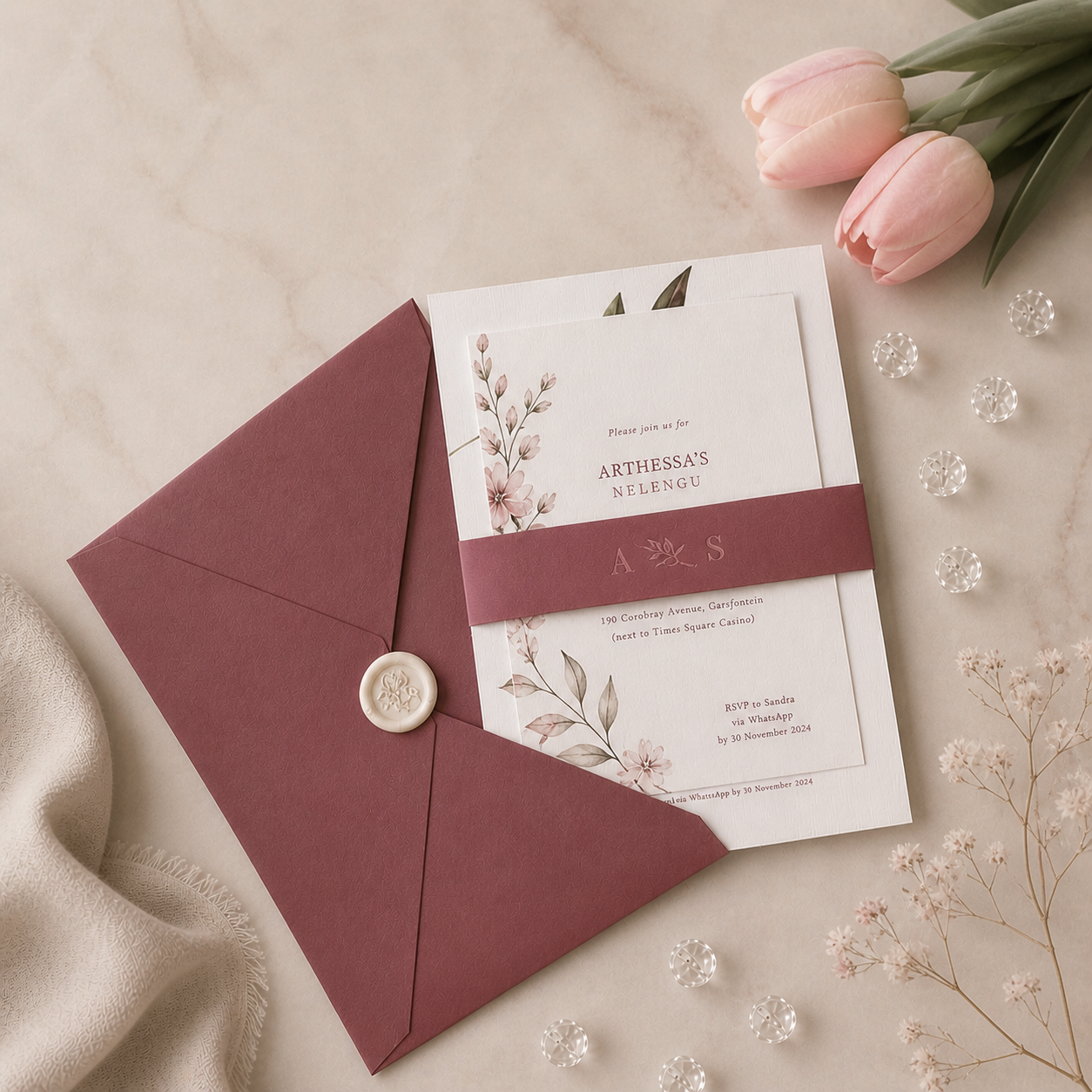 Classic invitation suite with coloured envelope (set of 10)